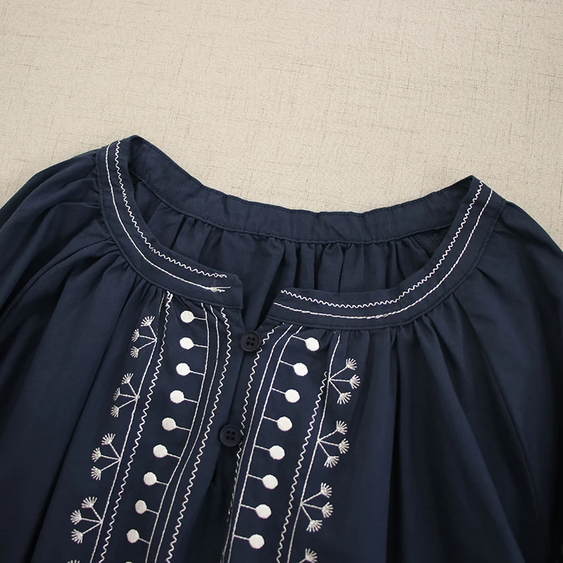 Spring New Ethnic Style Mori Girl Embroidery Cotton Shirt Women Half Open Collar Long Lantern Sleeve Casual Loose Tops