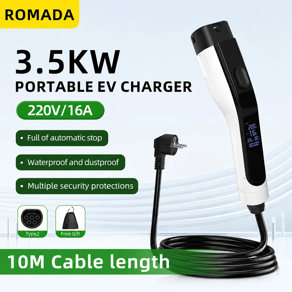 NEW ROMADA 3.5KW 16A Portable EV Charger 3M-10M Cable IEC62196 TYPE2 EVSE EU Plug Safe Fast Charging for Electric Vehicles CE