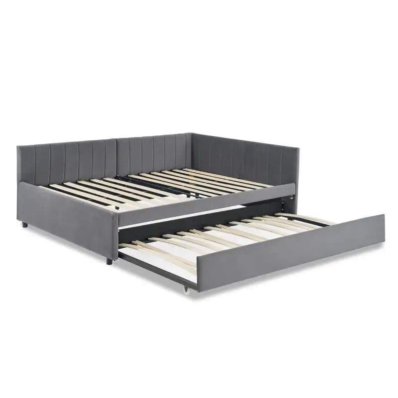 

Серая двуспальная кушетка с двойной выдвижной кроватью, мягкий тафтинговый диван-кровать, спинка на пуговицах, отделка медных гвоздей, дизайн волнистых рук