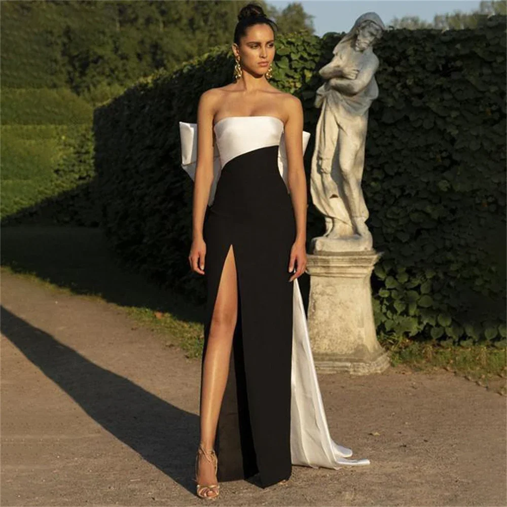 

Simply Black And White Evening Dress Straight Floor Length Sexy Split Long Formal Occasion Dresses Back Bow Prom Party Gown