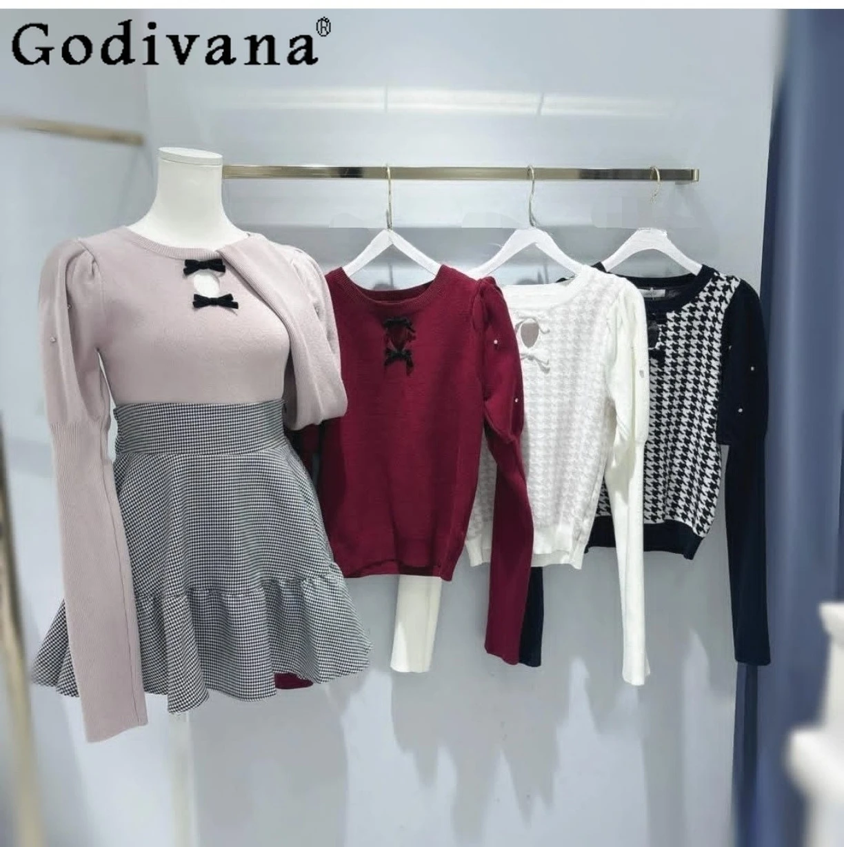 

2025 Autumn New Women's Sweet Casual Sweaters Japanese Style Cute Bow Hollow Out Knitted Pullover Lady Daily Basic Knitted Tops
