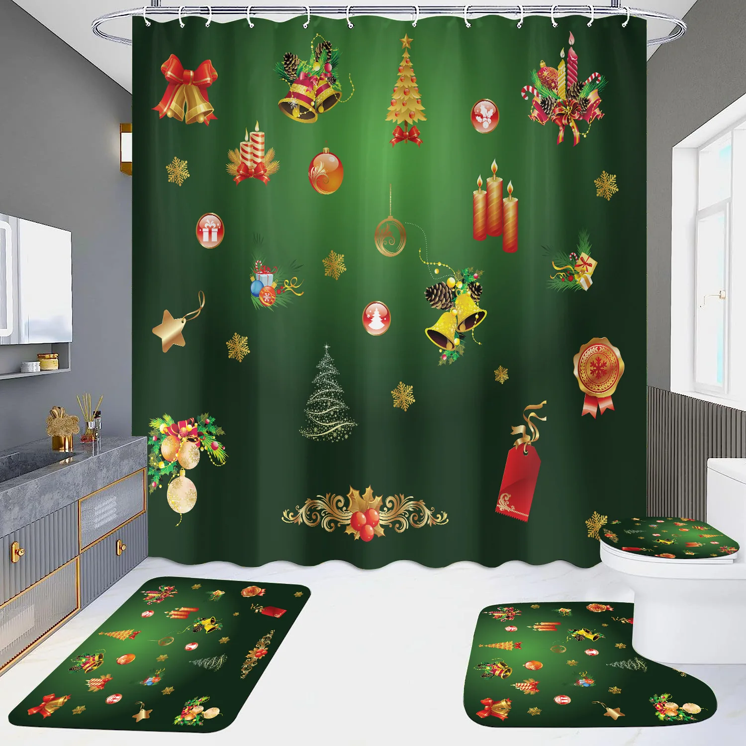 

2024 Christmas Printed Shower Curtain Set Navidad Gift Xmas Modern New Year Bathroom Curtains Decor Non-slip Rug Toilet Lid Mats