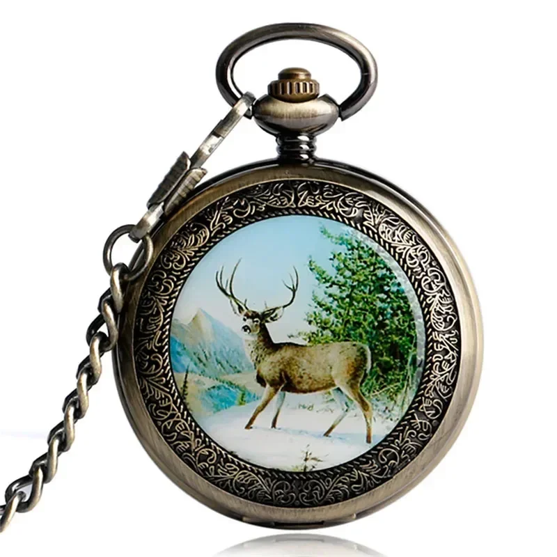 Retro Elk Design Steampunk Hand Winding Mechanical Pocket Watch for Mens Womens Full Hunter Clock with Fob Chain Roman Number