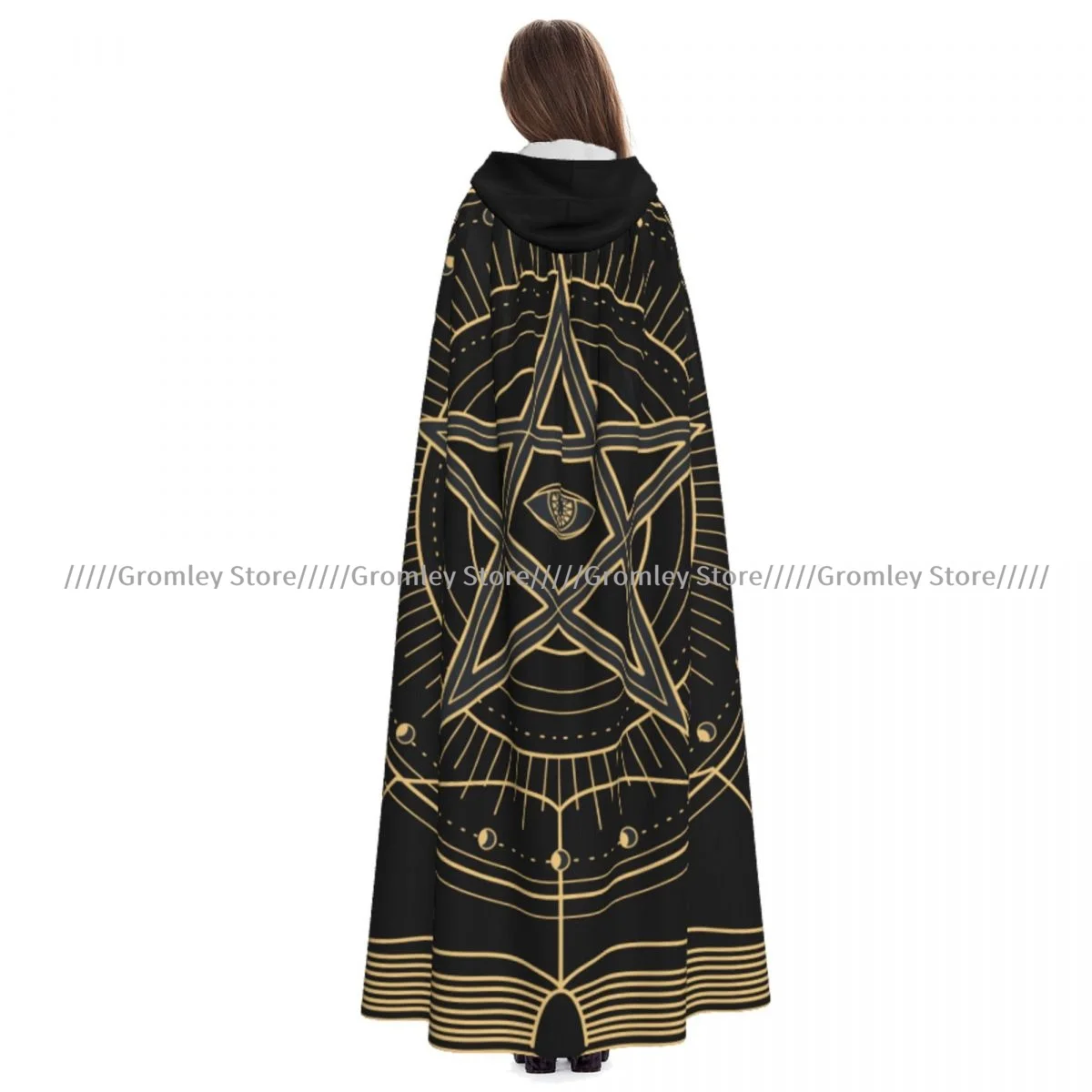 

Medieval Halloween Cosplay Cloak Hooded Coat All Seeing Eye Books Pentagram Cape Coat Long Trench Costume Wizard Cloak