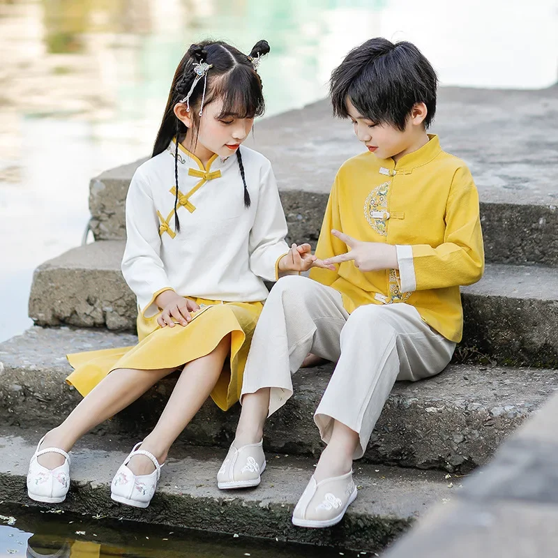 

Spring Autunm Kids Chinese Lovely Ancient Hanfu Boys Embroidery Cotton Perform Costumes Girls Photography Clothing