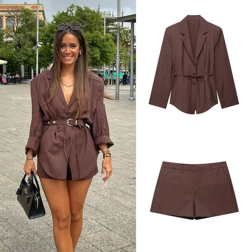 NOVEDAD DE VERANO 2025, ropa para mujer, chaqueta de traje holgada versátil e informal sencilla + conjunto de pantalones cortos informales de color sólido