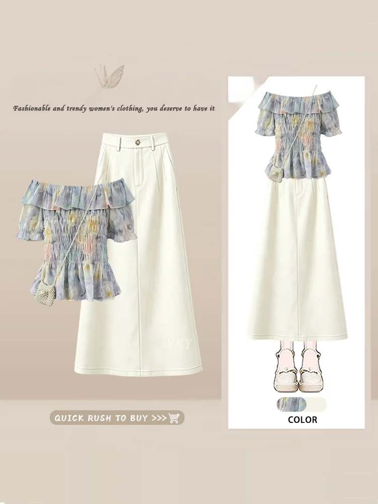 Summer Women's Fashion Shirt And Skirt Set Slim Fit Bubble Sleeve Gradient Color One Shoulder Chiffon Top A-Line  Skirt