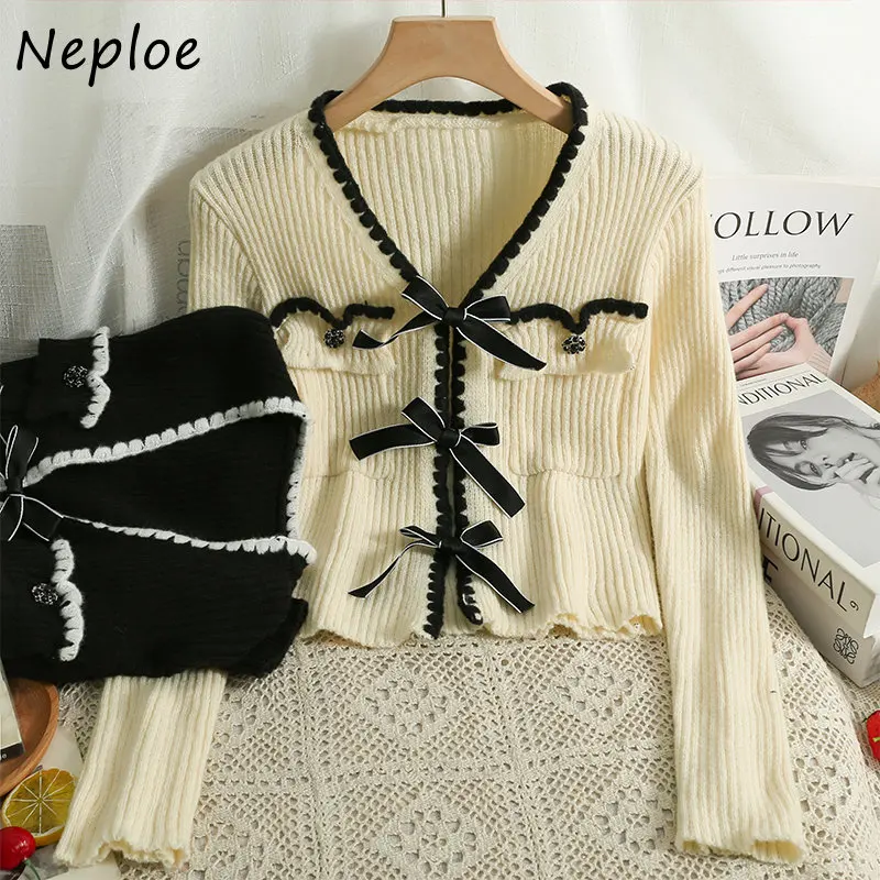 Neploe Autumn Winter Vintage Sweater Jacket V Neck Stripe Contrast Color Outerwear Bandage Bowknot Long Sleeve Cardigan Mujer