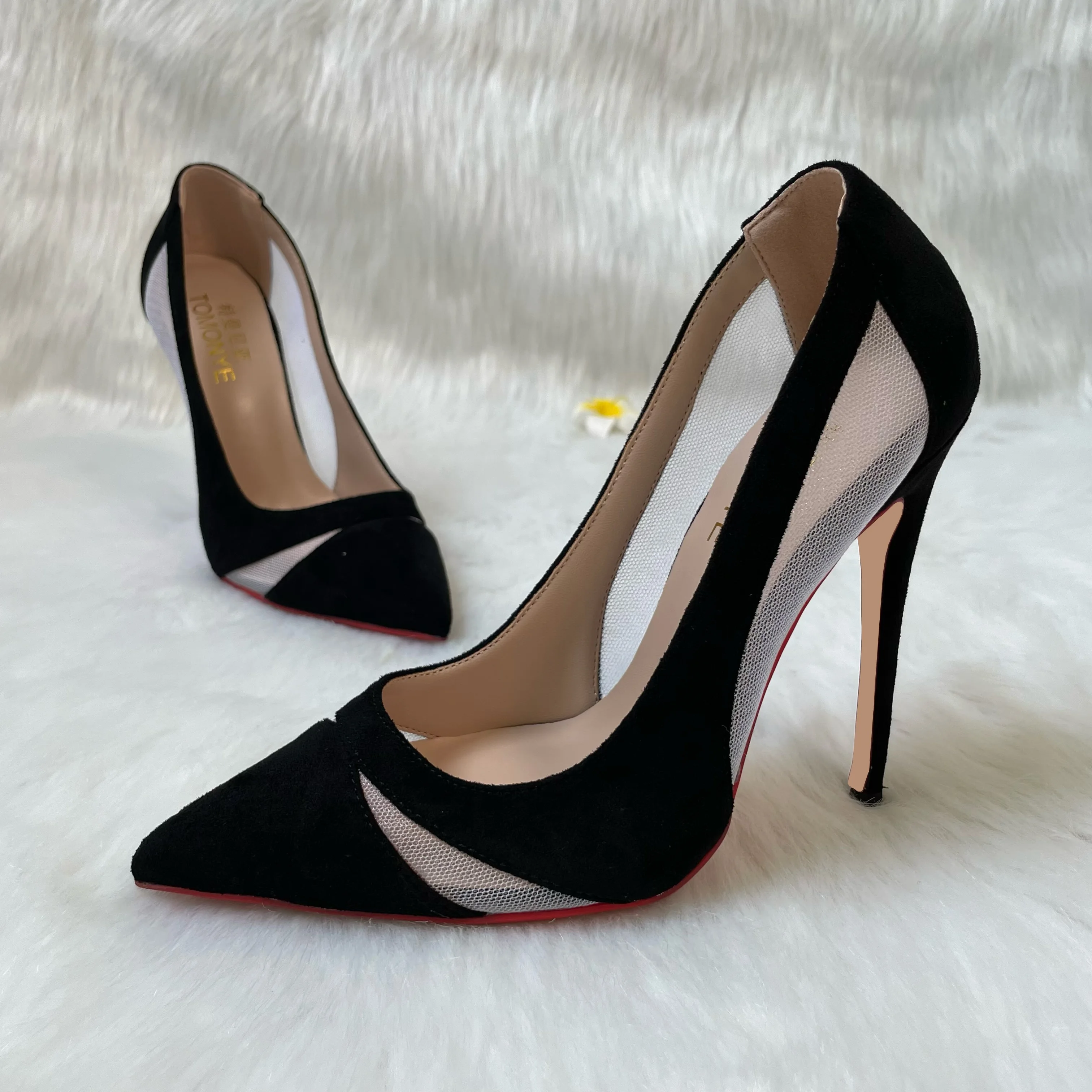 Hot sale TOMONYE black suede with white mesh plus size 44, 45, 46 small size 33 12cm high heel shoes pump women shoes on sale