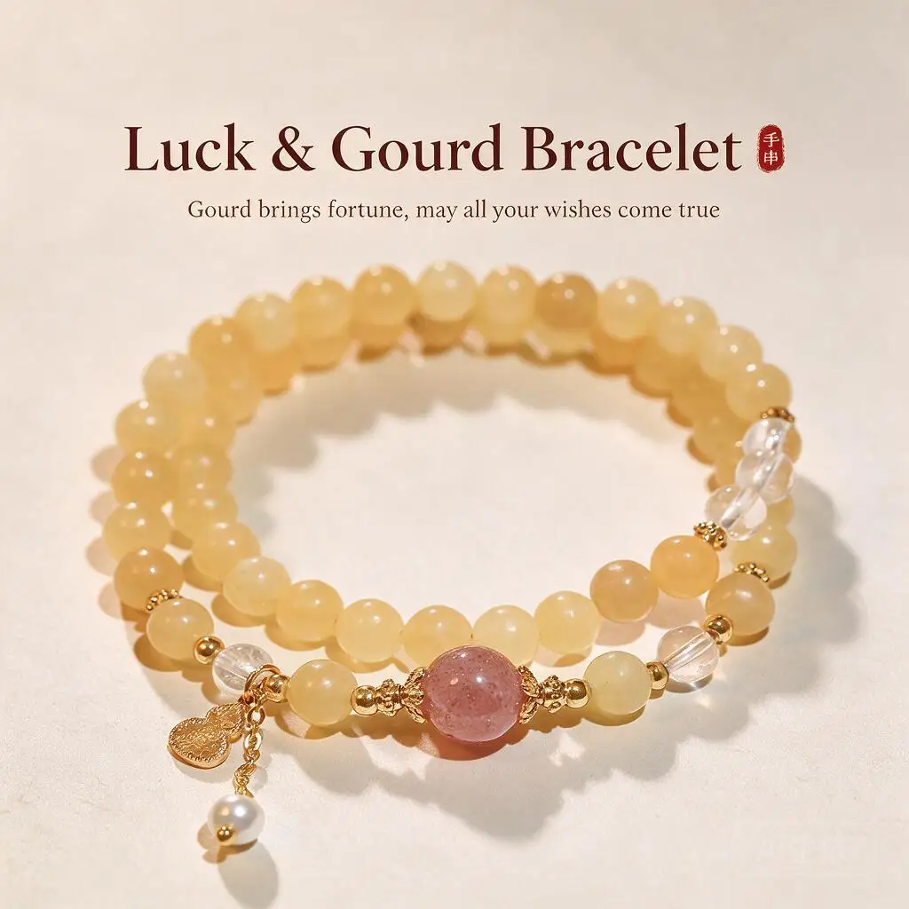 Ins Luxury Double Layer Yellow Crystal Pearl Gourd Pendant Bracelet For Women New Chinese Style Elegant Dainty Jewelry Gift