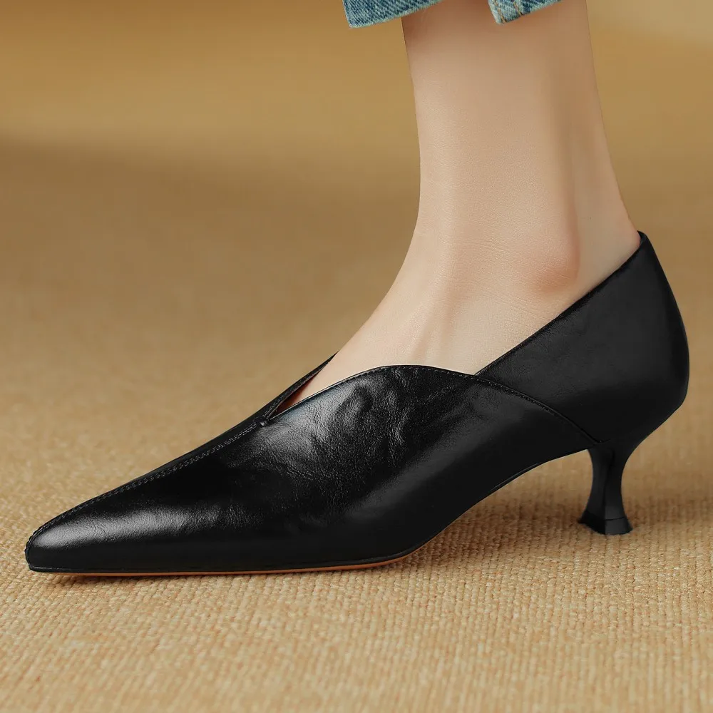 Women\'s genuine leather 5cm thin high heel poitned toe slip-on pumps elegant ladies OL style daily dress heeled shoes for woman