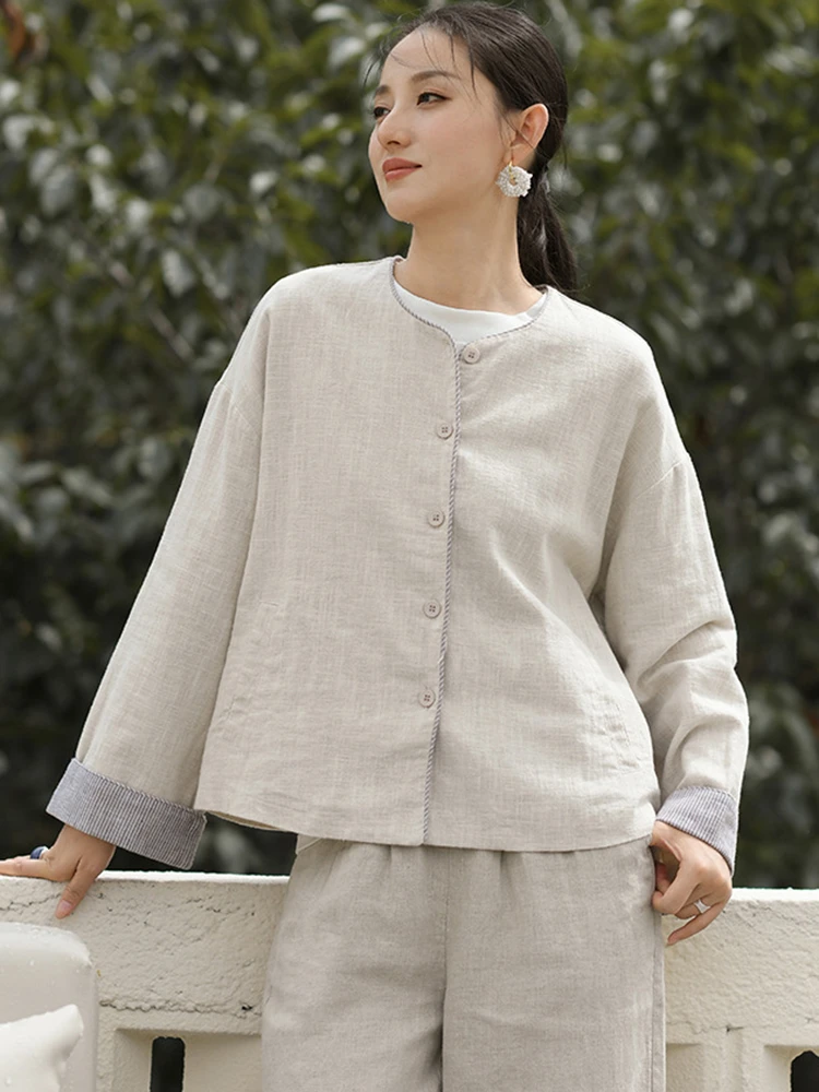 Women Cotton Linen Casual Coats New Arrival 2026 Autumn Simple Style O-neck Solid Color Female Basics Short Jackets M2954