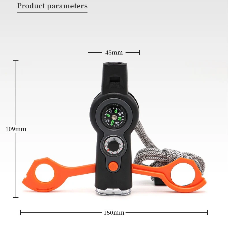 New 7-in-1 Multifunctional Whistle Outdoor Camping Mountaineering Survival Whistle with LED Light Temperature Gauge Compass