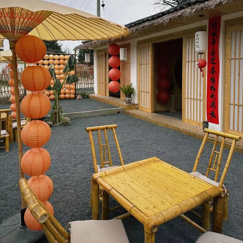 Bamboo Table and Chair Chinese Retro Garden Bamboo Table and Chair Combination Pure Hand-Woven Bamboo Table Bamboo Chair