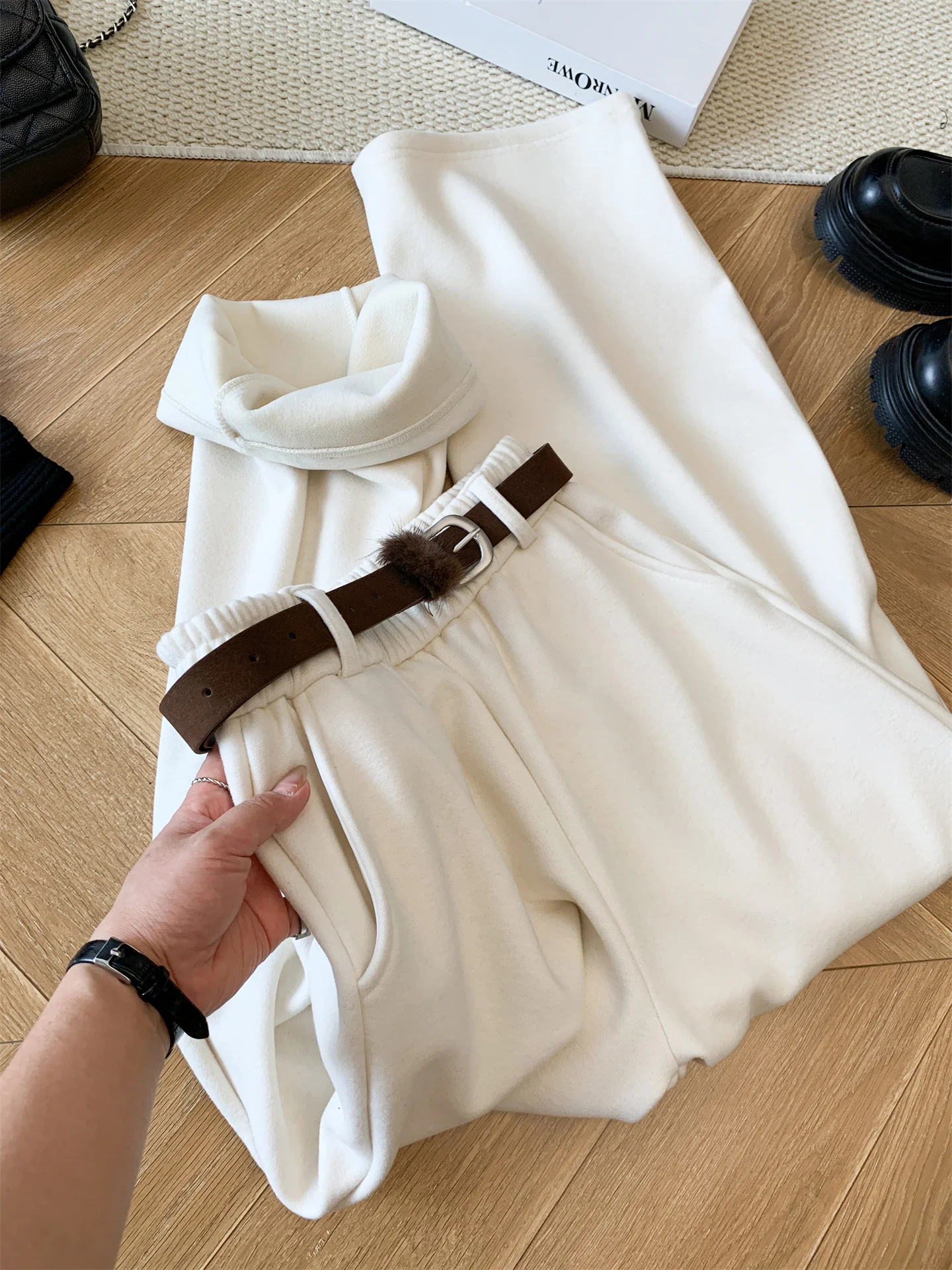

High Waist Draped Feel Fce Lined Straight Leg Casual Pants Women's Winter Outerwear Loose Fit Comfortable Cotton Trousers