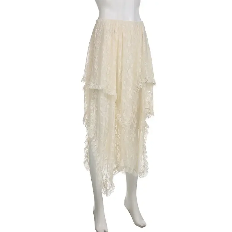 Spitze Asymmetrischer Rock Fairycore Damen Vintage Y2K Boho Ästhetische Mode Hohe Taille Mittlere Röcke Dame Urlaubsoutfits – Detail 12