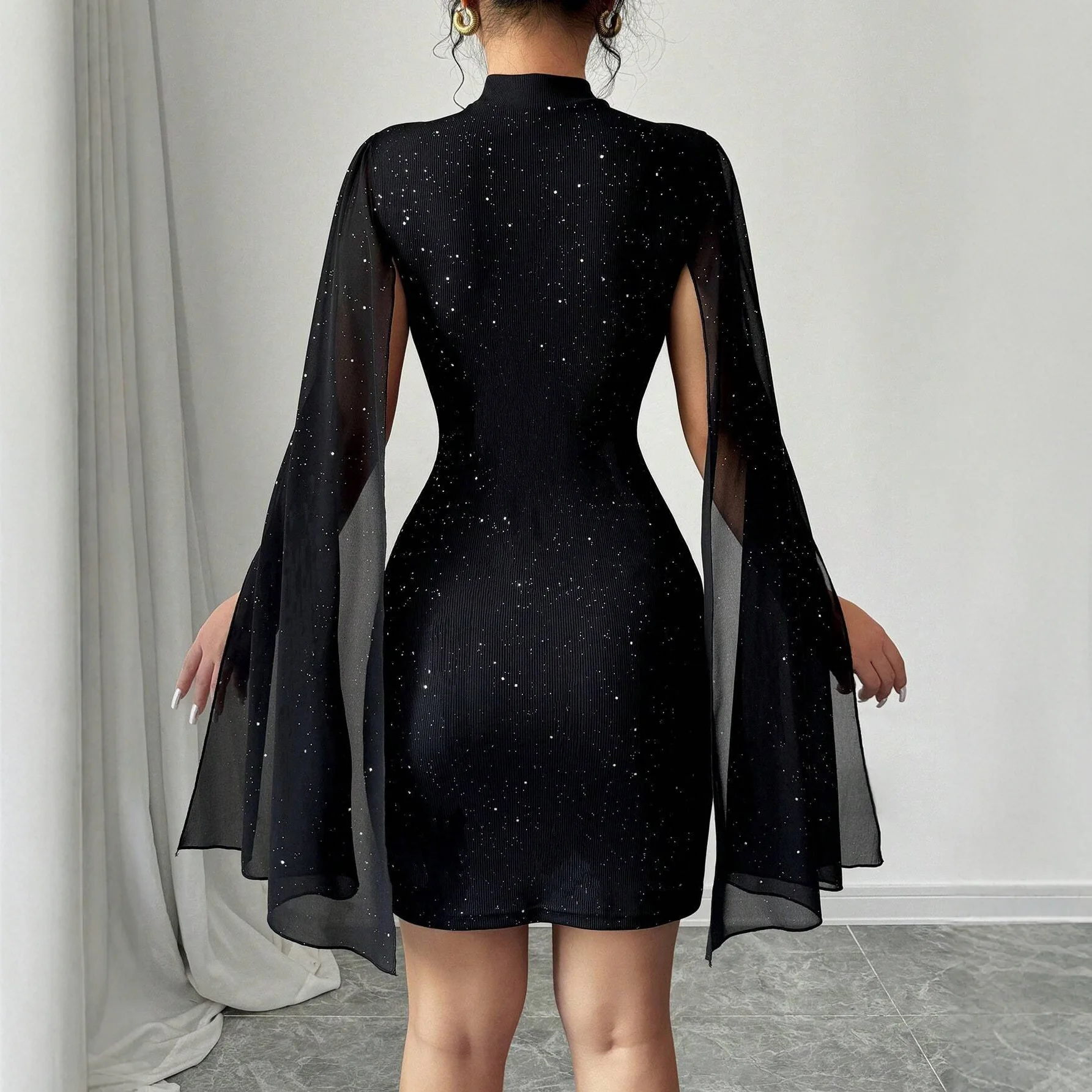 Ele High Waist Knitted Chiffon Pearl Embellied round Ne Bodycon Dr Women's Cross-Border Faion Summer Dr