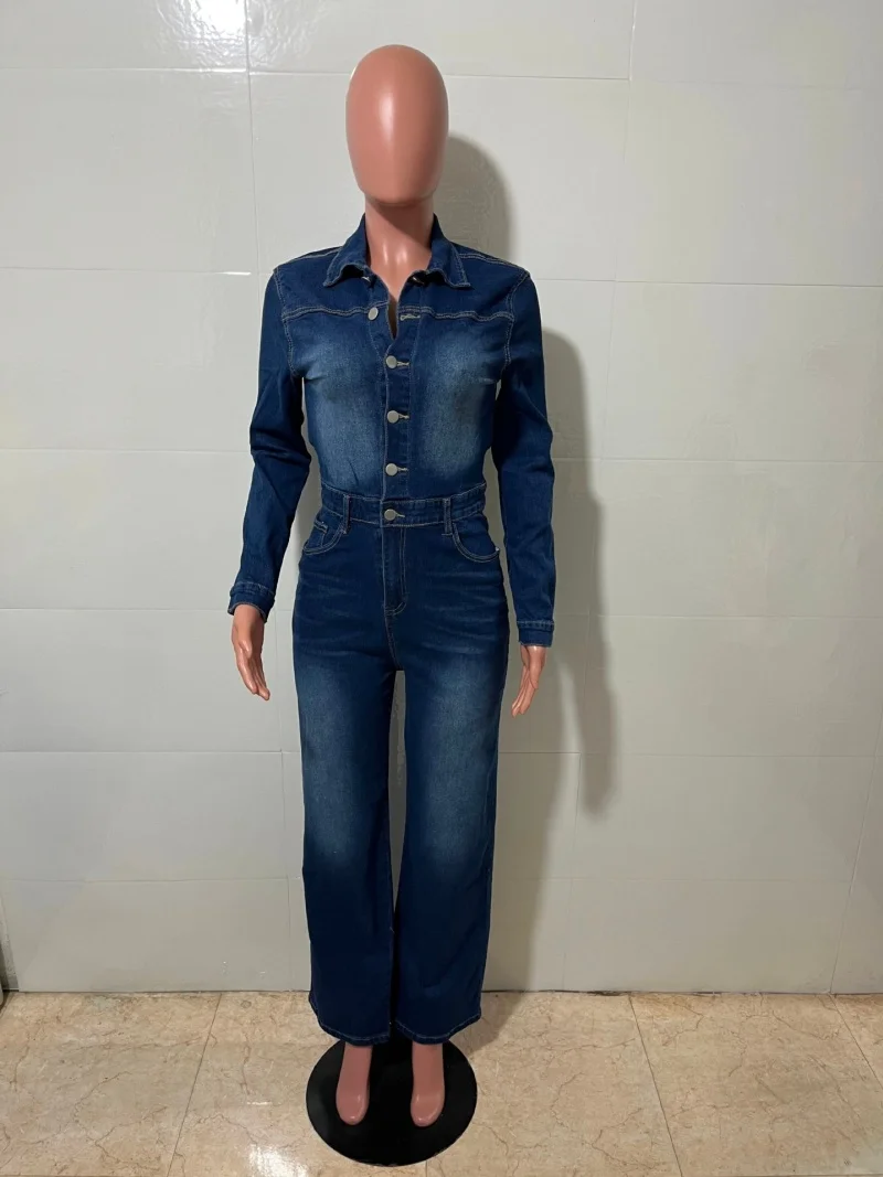 Tute di jeans vintage Abiti primaverili Donna Maniche lunghe Collo con risvolto Jeans dritti Pagliaccetti Tute Tute intere Tuta intera
