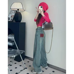 Blue Vintage Women Jeans American High Quality Embroidery Mop Pants Streetwear Wide Leg Jean Female Trouser 2024 Denim Pants