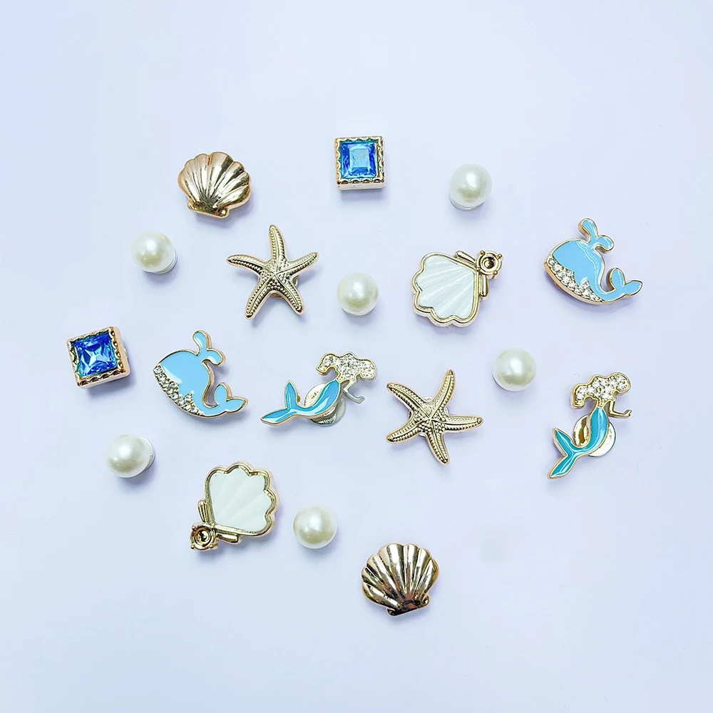 18pcs Holey Shoe Flower Resin Jewelry Accessories, Pearl Starfish Shell Cute Detachable Decorative Buckles, Crystal Three-Dimens