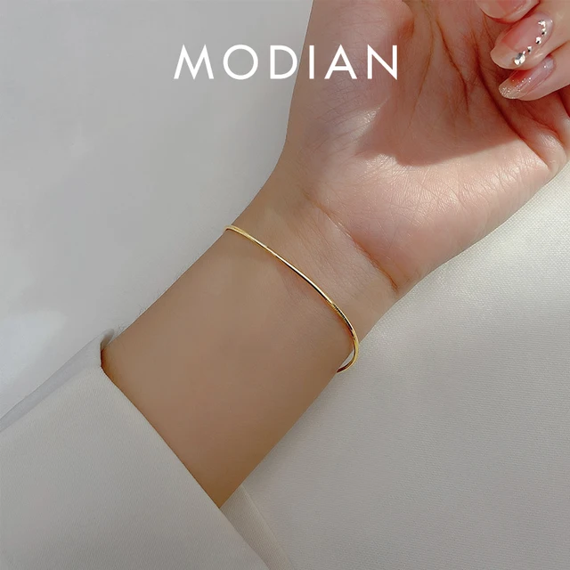 Modian klasyczne podstawowe 925 Sterling Silver moda proste złoty kolor wąż łańcuch bransoletka dla kobiet Link Chain Bangle Fine Jewelry