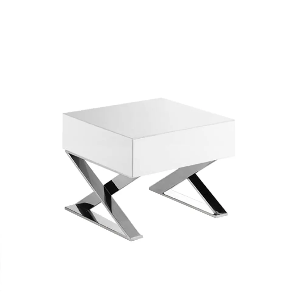 Nightstand 7007 Angel Cerdá-bedside table with drawer in DM lacquered in shiny white on blade-shaped legs in chrome stainless steel.