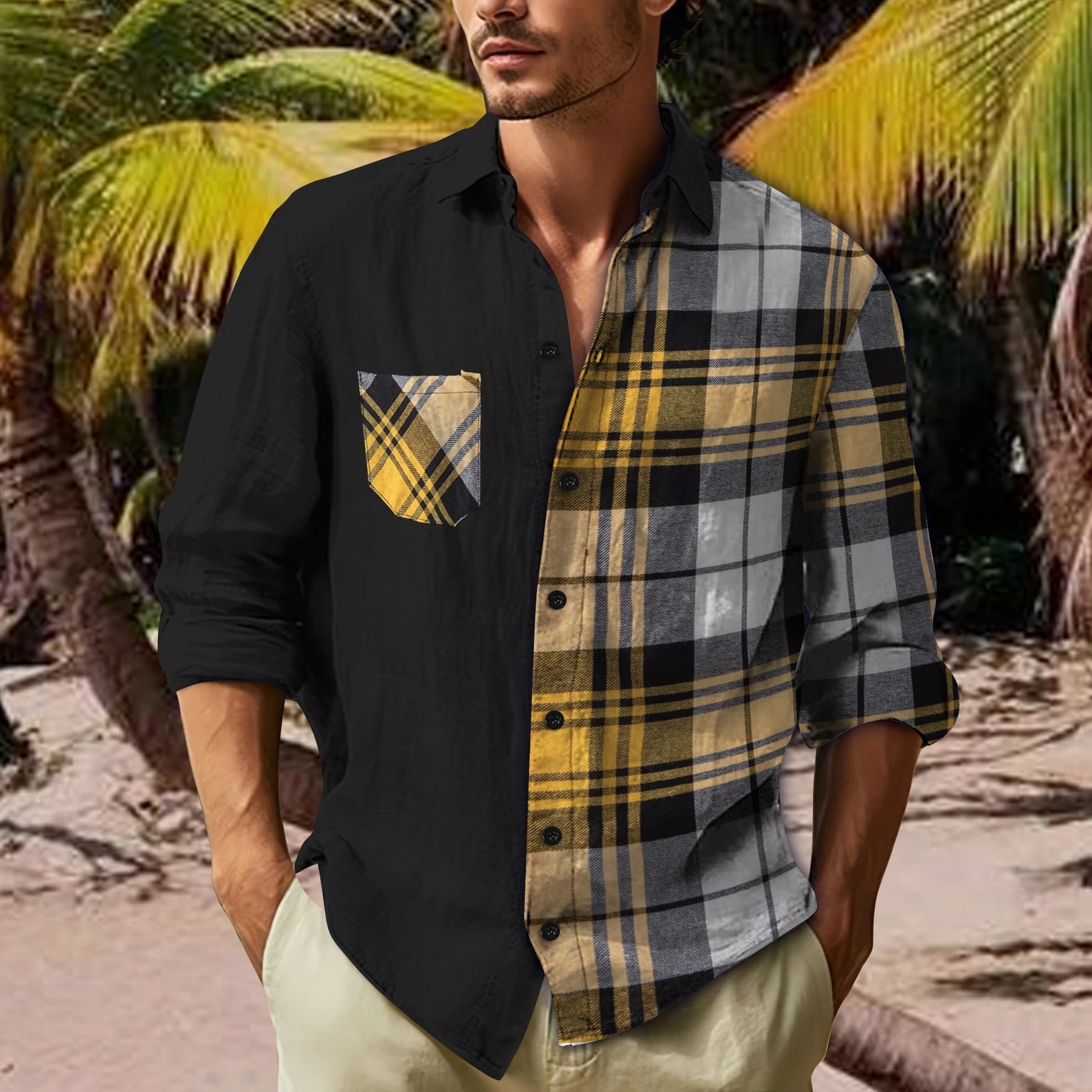 Men's 2024 Fashion benchmark lapel casual plaid patchwork pocket long sleeve shirt Street youth fashion with loose top