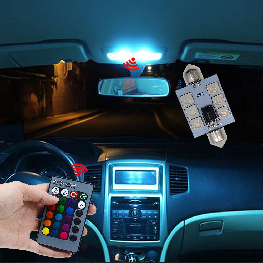 2X C5W Car Led 5050 6SMD 31/36/39/41mm Car Door Lights Automobile Remote Controller Colorful Reading Lamps Roof Atmosphere Bulbs