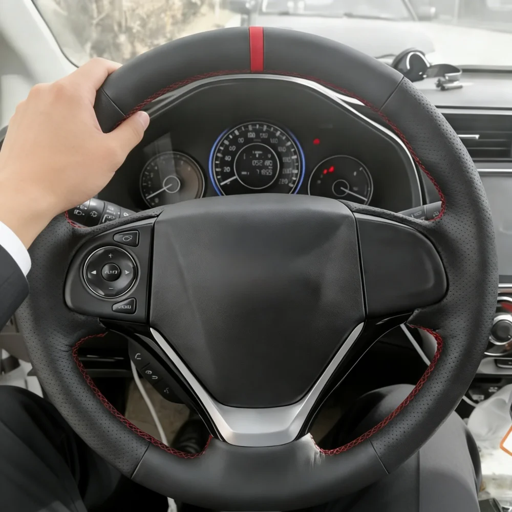 Accesorios para coche, funda de volante de microfibra perforada negra antideslizante cosida a mano para Honda CRV 2012-2016