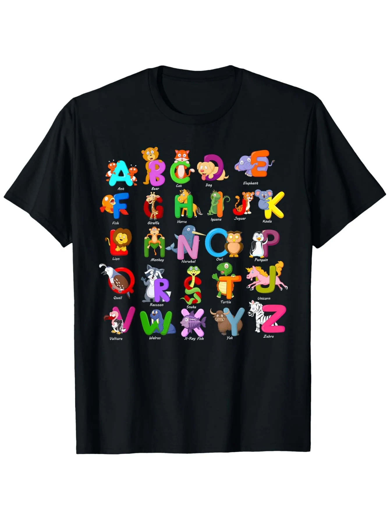 Alphabet Animal ABCs Learning Kindergarten School Teacher T-Shirt 100% Cotton T-shirt Halloween Thanksgiving Christmas Gift for
