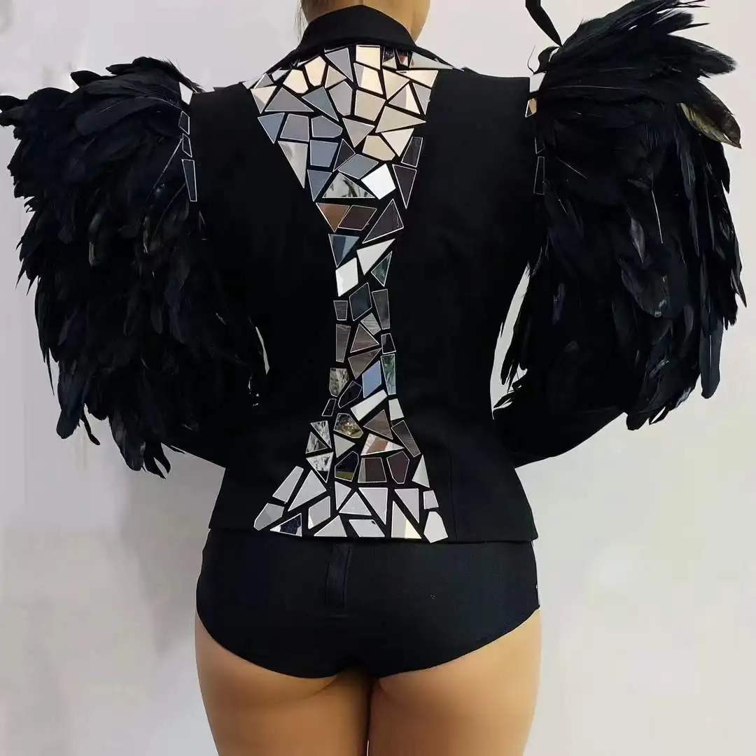 Black White Red Feather Mirror 3 Pcs Set Blazer Shorts For Women Singer Dance Drag Queen Costume Stage Wear Photography Pageant