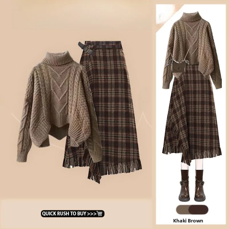 

Retro Knitted Sweater And Plaid Skirt Set High Collar Long Sve Women's Faion Ensemble Autumn Winter Slimming Design