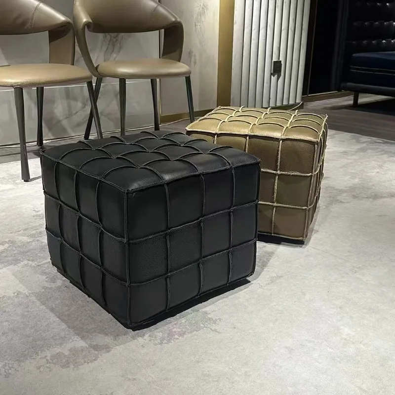 Leather cowhide living room stool solid wood sofa shoe Rubik's cube stool manicure high-grade Internet