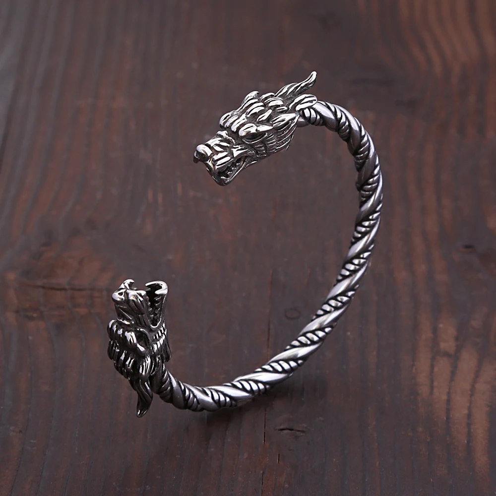 

Vintage Viking Double Dragon Head Bracelet Fashion Men's Stainless Steel Animal Bracelet Biker Amulet Jewelry Gifts Wholesale