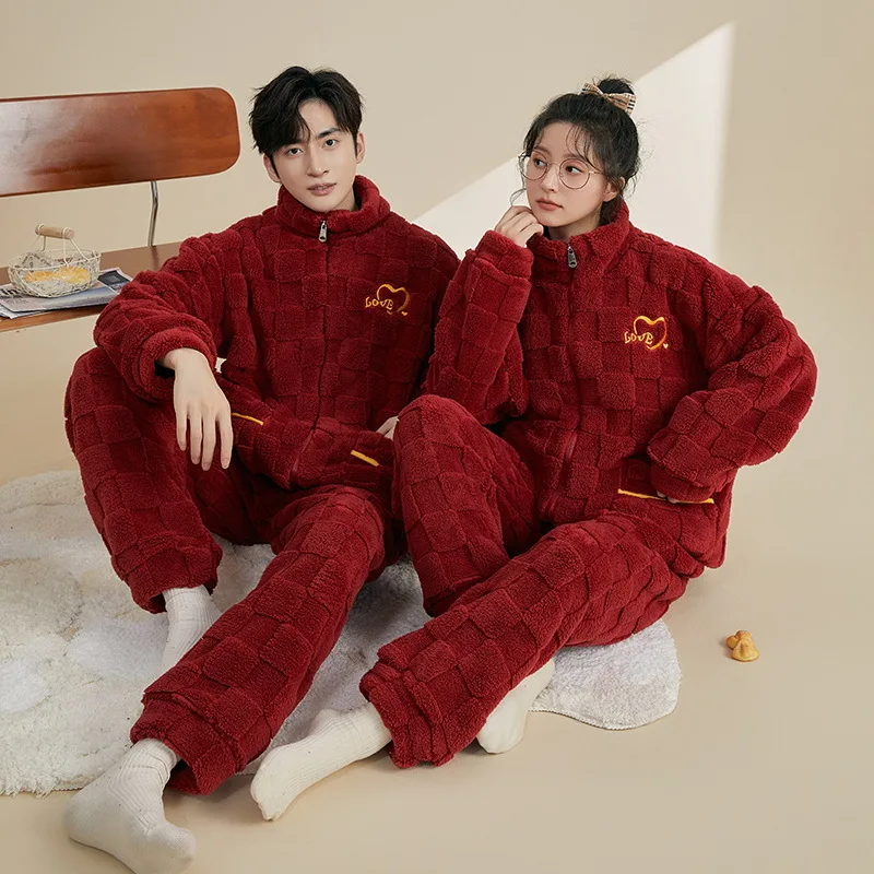 2023 Winter Couple Red Color Zipper Thick Warm Flannel Pajama Sets For Women Korean Loose Sleepwear Men Homewear Home Clothes