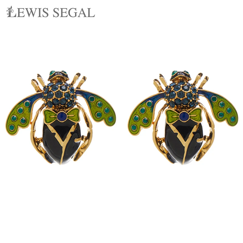 

LEWIS SEGAL Little Bee Stud Earrings 925 Sterling Silver Green Enamel Animal Insect Earrings for Women Statement Jewelry 18K