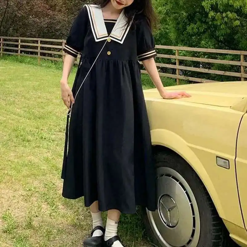

Big Size 6XL 150KG Summer Salior Collar Dress High Waist Women Preppy Dress Short Sleeve Vintage Sweet Large Loose Vestidos
