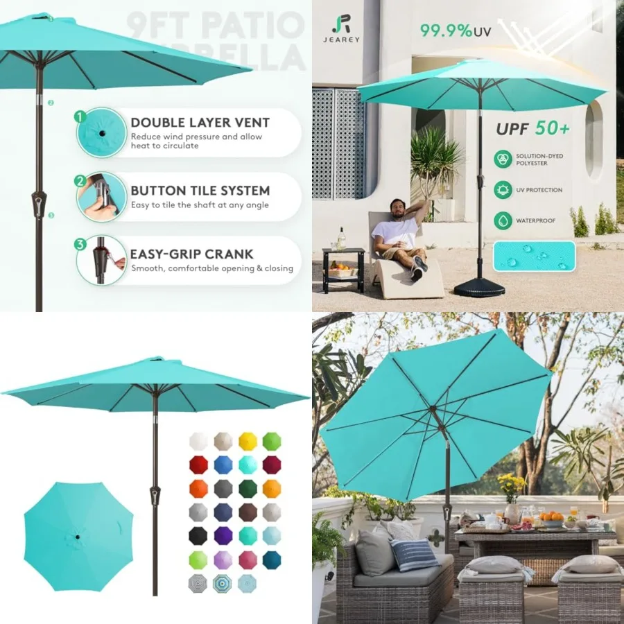 

9Feet Outdoor Patio Umbrella Outdoor Table Umbrella with Push Button Tilt and Crank, Market Umbrella 8 Sturdy Ribs UV Protectio