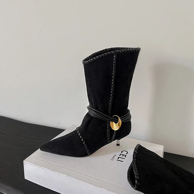 

MKKHOU Fashion Short Boots Women's New High Quality Suede Pointed Middle Heel Boots Winter Warm Calf Boots Women