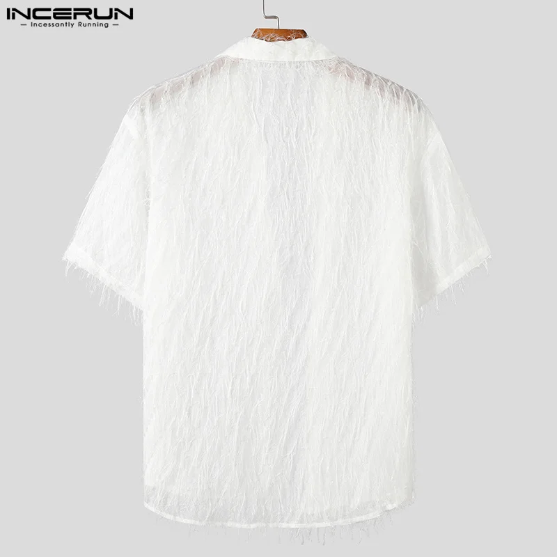 2024 Men Shirt Tassel Chiffon Transparent Lapel Short Sleeve Sexy Men Clothing Summer Streetwear Party Fashion Camisas INCERUN