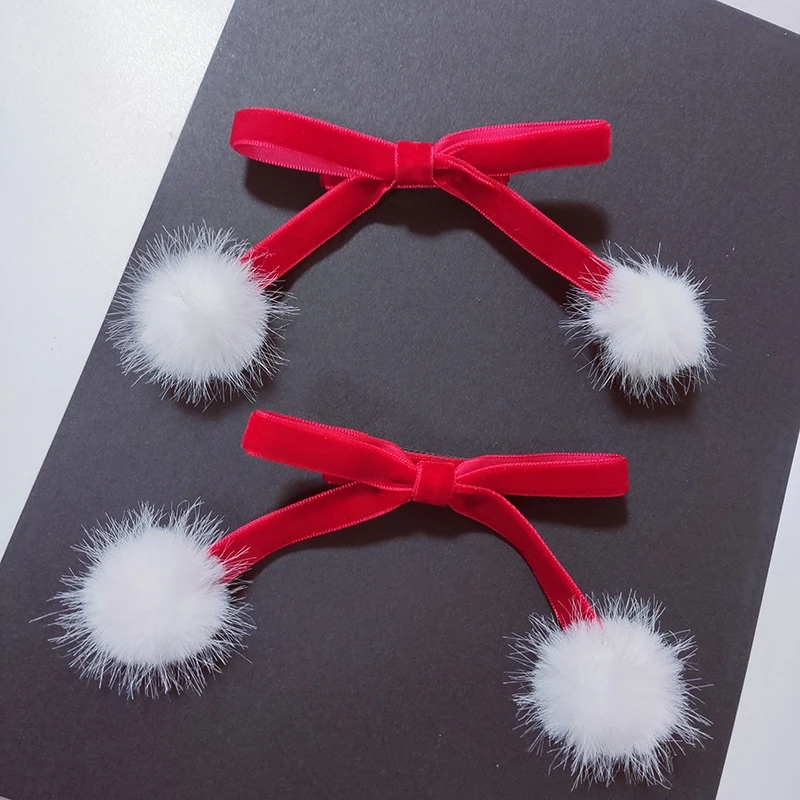 

Темно-красные бархатные заколки с бантом для принцессы для девочек, милый шарик с помпоном, детские осенне-зимние заколки для волос, корейский милый новогодний головной убор