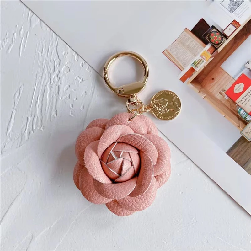 Fashion leather camellia car keychain cute flower backpack pendant accessories personality keychain ring women
