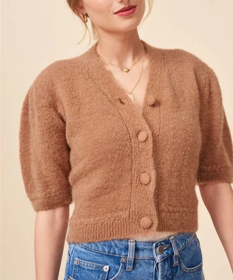 

Women V-Neck Short Knitted Cardigan French Lady Puff Sleeve Fashion Elegant Sweet Knitwear Top