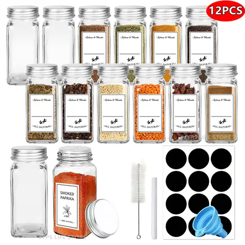 12Pcs Glass Spice Jars with Metal Lids Salt Pepper Shaker Spice Seasoning Containers Spice Organizer Kitchen Spice Jar Set 120ML