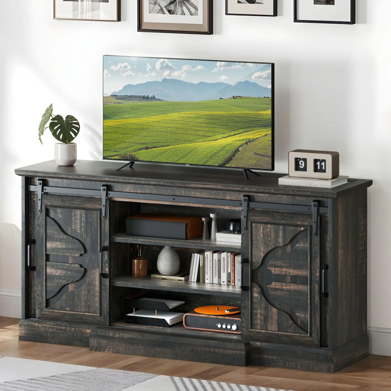 

TV Stand With Power Outlets Sliding Barn Doors for 70 inch TVs