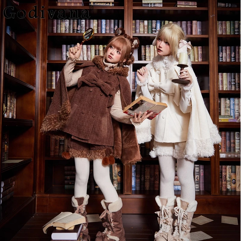 

Original Lolita Girl's Hooded Cloak Ponchos Autumn Winter New Women's Double-Breasted Big Bow Shorts Jacket Short Sleeve Set