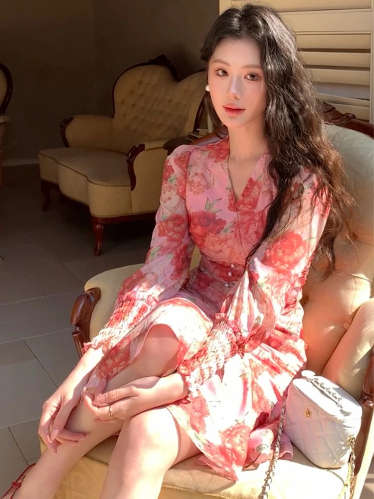 Ropa de mujer de gasa dulce estampado Floral Puff manga cordón ajustado Midi Vestido de cola de pez elegante Vestido de fiesta Casual otoño nuevo