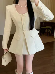 High Quality Small Fragrant Tweed Two Piece Set For Women Fall Winter Korean Elegant Fashion OL Jacket Coat + Skirt 2 Piece Sets