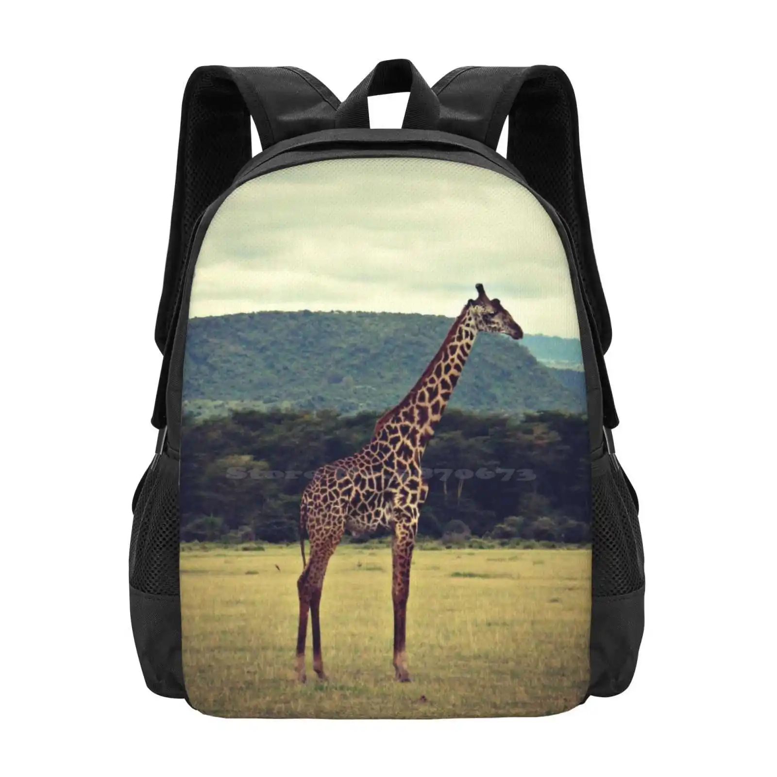 Stiff Sentinel ( Giraffe In Profile ) Fashion Pattern Design Travel Laptop School Backpack Bag Giraffe Tanzania African Safari