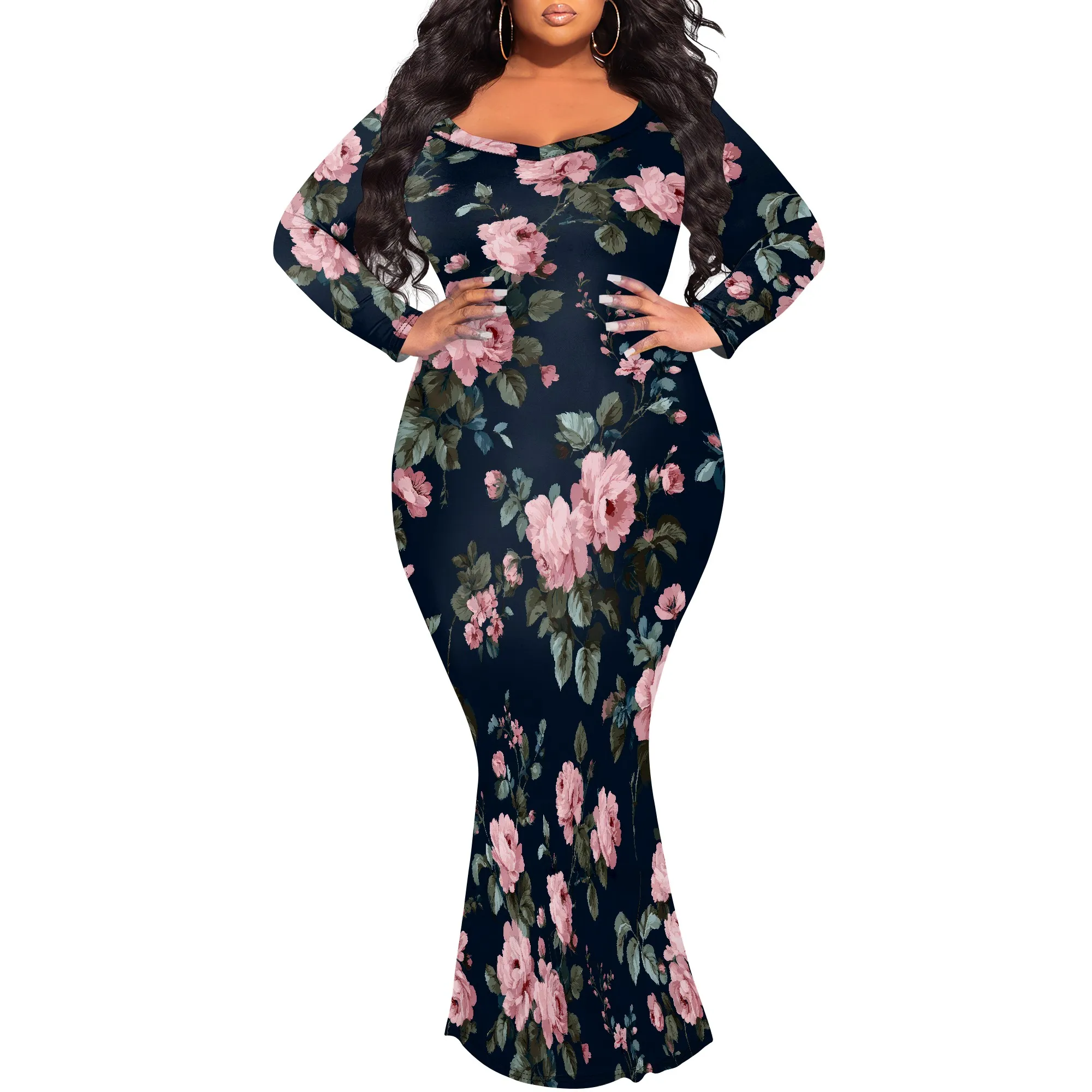 Abito da festa maxi super elastico da donna con stampa floreale primaverile e maniche a 3/4 con scollo a V